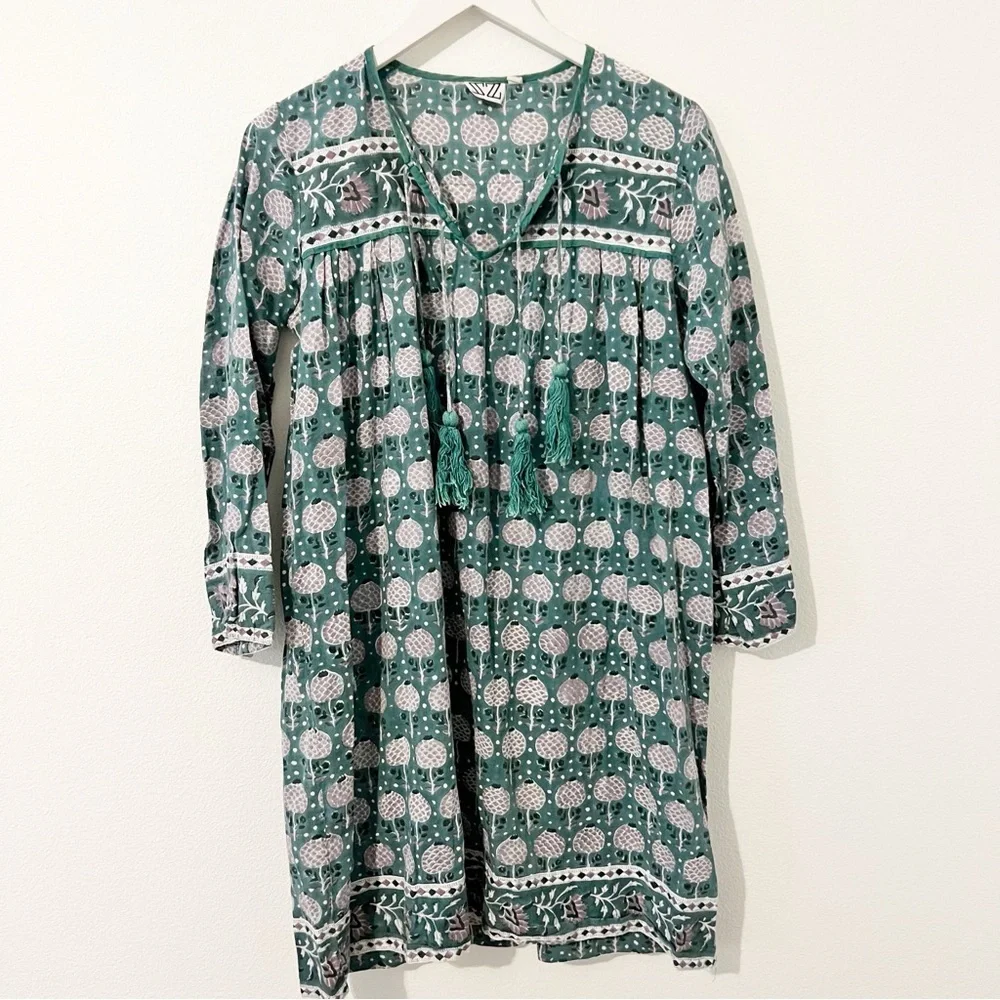 SZ BLOCKPRINTS x J Crew Leyla tie long sleeve cotton tunic dress O/S